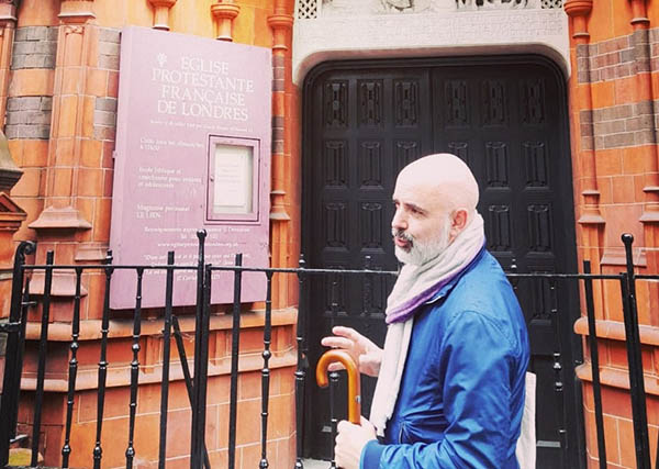 Christian Michel outside French Protestant Church Soho